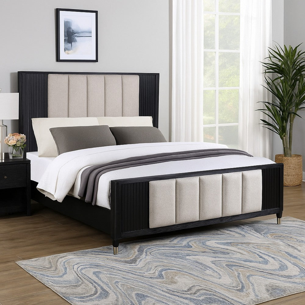 Frey King Size Bed w Tufted Headboard Off White Upholstery | Black