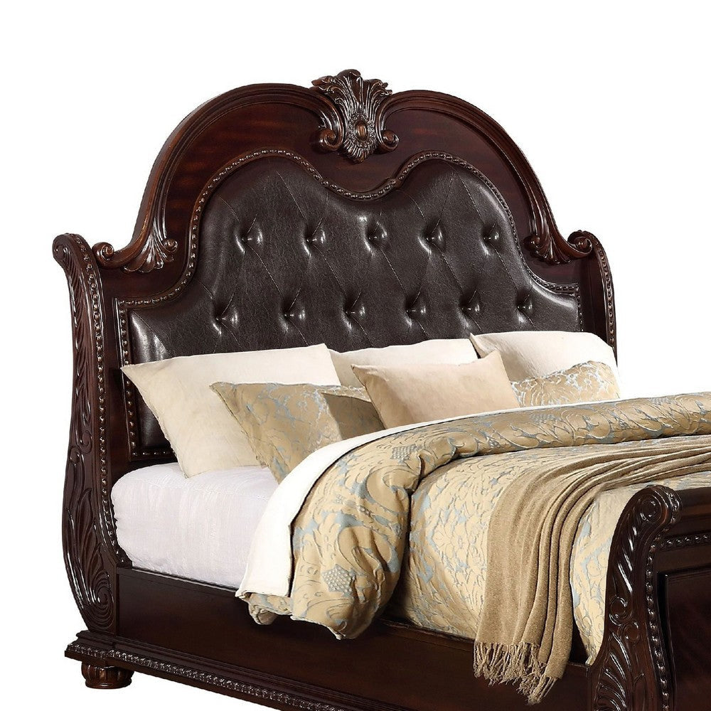 Sany King Size Sleigh Bed w Tufted Headboard | Cherry Brown Veneer BM338452