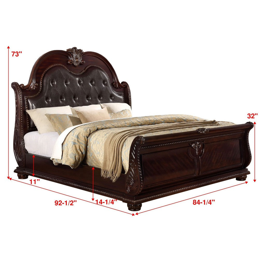 Sany King Size Sleigh Bed w Tufted Headboard | Cherry Brown Veneer BM338452