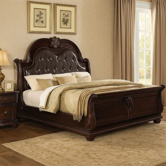 Sany King Size Sleigh Bed w Tufted Headboard | Cherry Brown Veneer