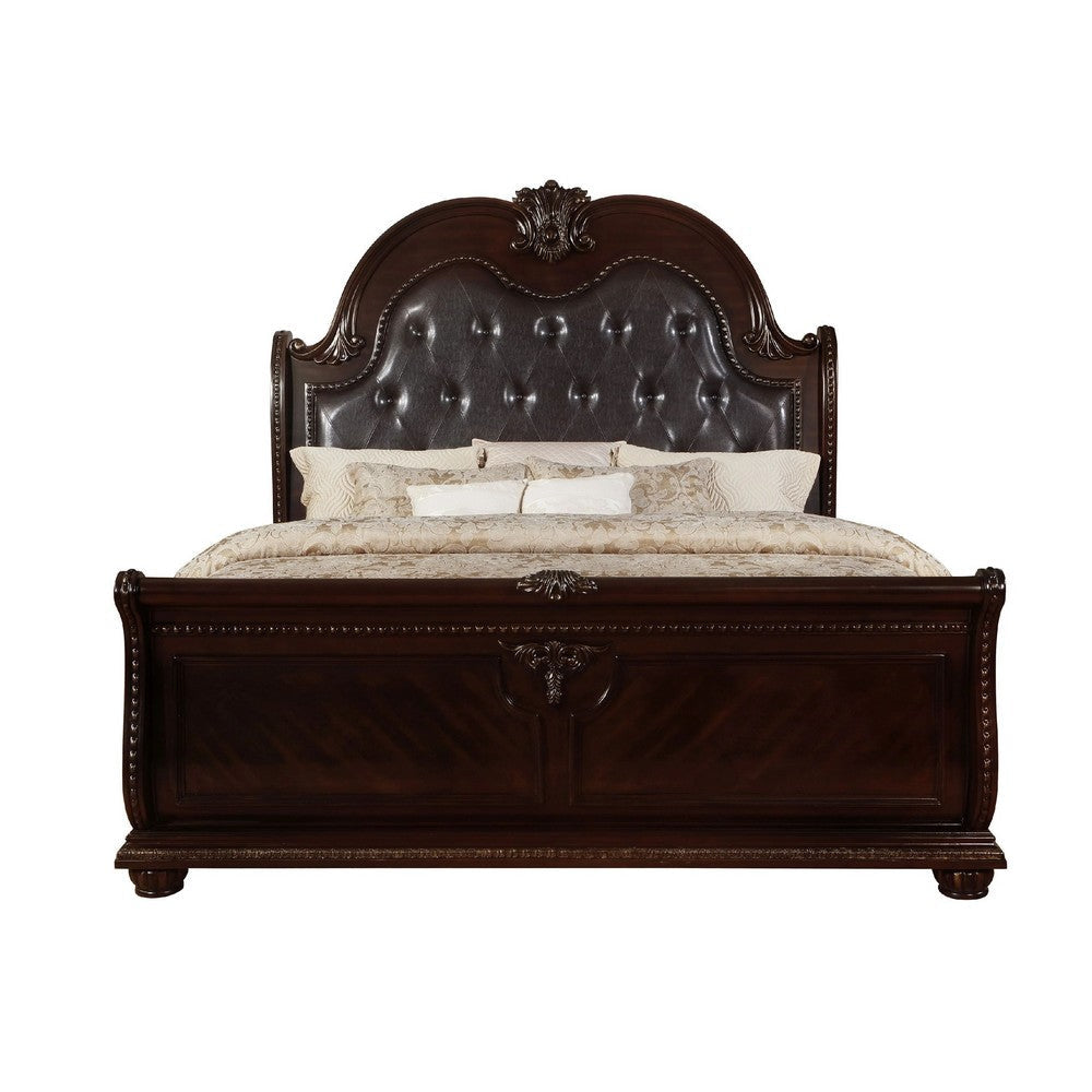 Sany Queen Size Sleigh Bed w Tufted Headboard | Cherry Brown Veneer BM338453