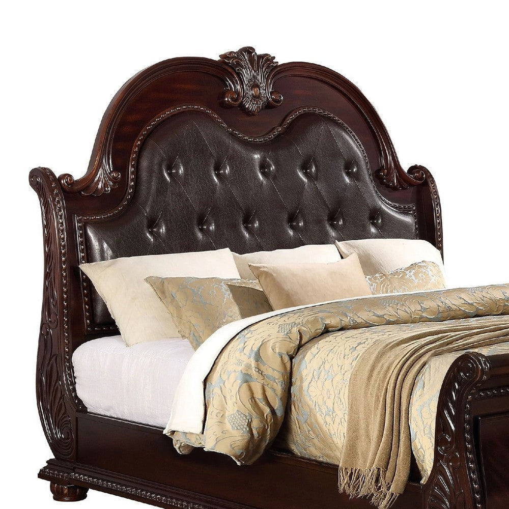Sany Queen Size Sleigh Bed w Tufted Headboard | Cherry Brown Veneer BM338453