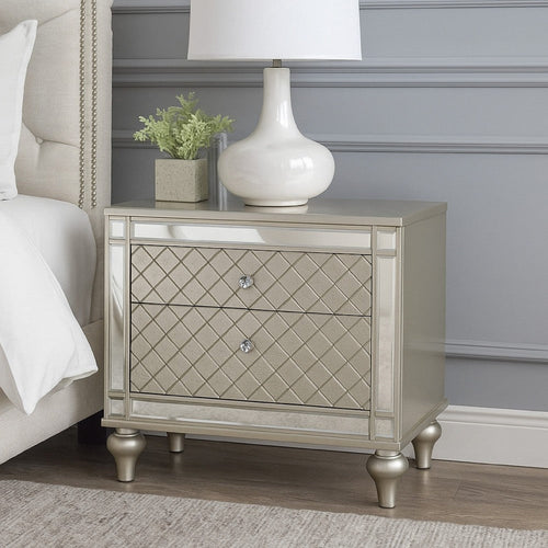 Cristo Nightstand | 2 Dovetail Drawers | Crystal Knobs | Champagne Silver