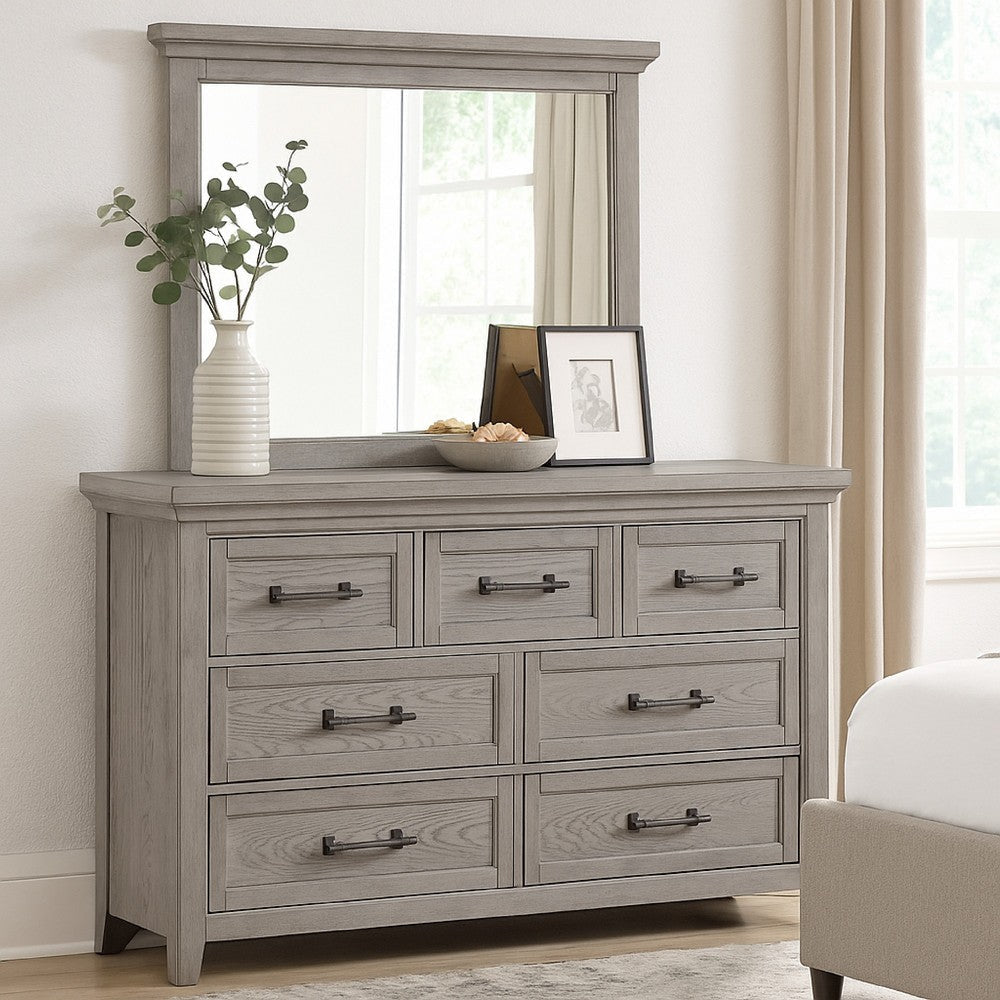 Bix Dresser and Mirror Set | 7 Drawers | Bronze Handles | Light Gray