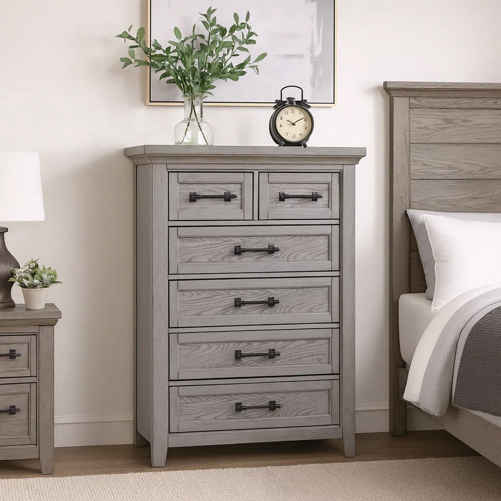 Bix Tall Dresser Chest | 6 Dovetail Drawers | Bronze Handles | Light Gray