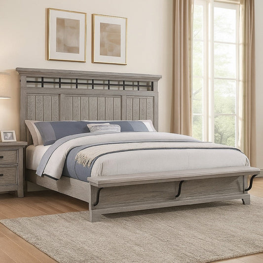Bix King Size Bed w Upholstered Footboard | Light Gray Wood Grain