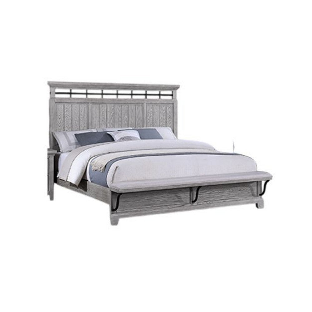 Bix Queen Size Bed w Upholstered Footboard | Light Gray Wood Grain BM338460