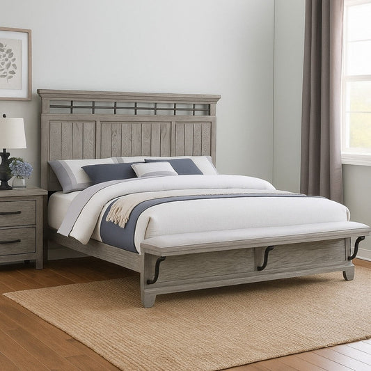 Bix Queen Size Bed w Upholstered Footboard | Light Gray Wood Grain