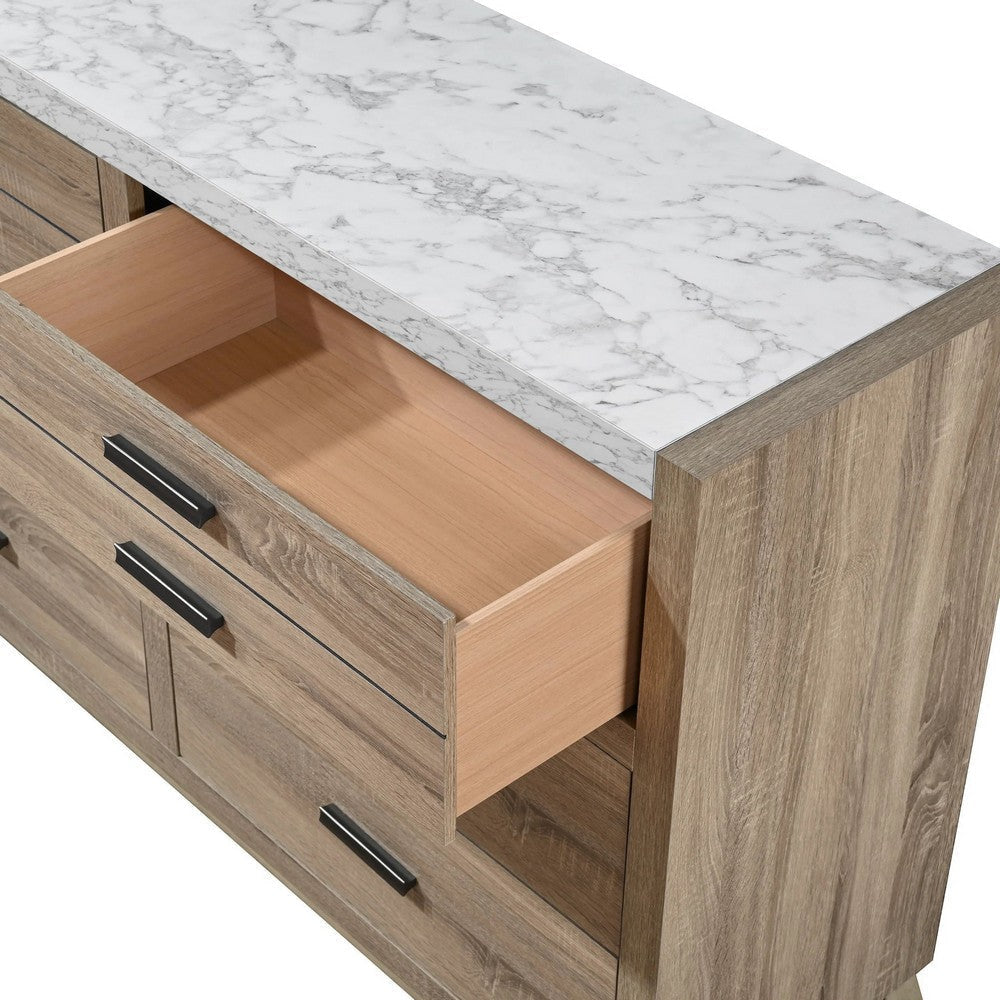 Tily Dresser and Mirror Set | 6 Drawers | White Faux Stone Top | Brown BM338461