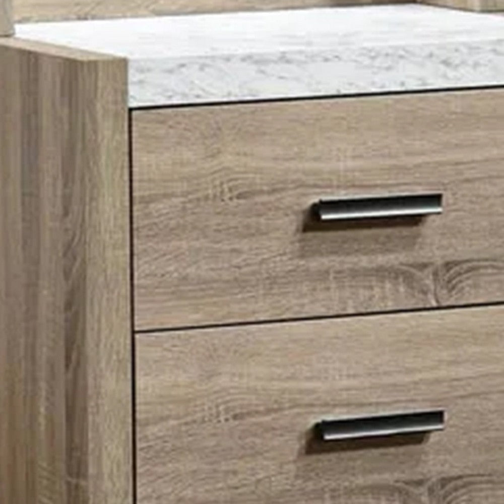 Tily Nightstand w Wall Panel | 2 Drawers | White Faux Stone Top | Brown BM338462