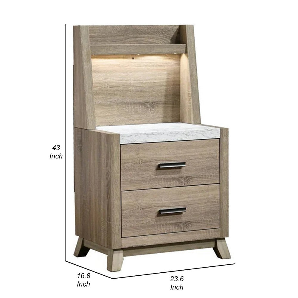 Tily Nightstand w Wall Panel | 2 Drawers | White Faux Stone Top | Brown BM338462