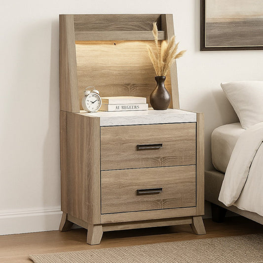 Tily Nightstand w Wall Panel | 2 Drawers | White Faux Stone Top | Brown