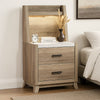 Tily Nightstand w Wall Panel | 2 Drawers | White Faux Stone Top | Brown