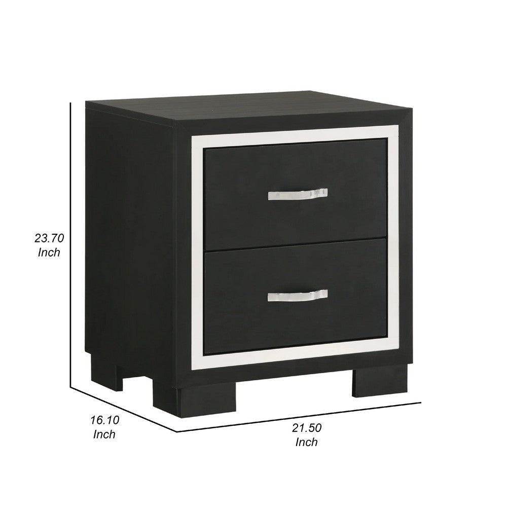 Geny Nightstand | 2 Drawers | Silver Trim and Metal Handles | Black Wood BM338467