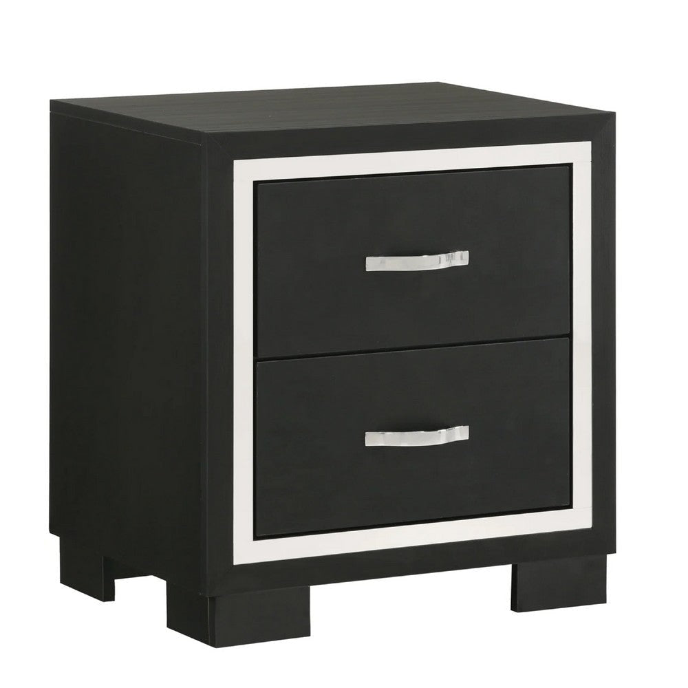 Geny Nightstand | 2 Drawers | Silver Trim and Metal Handles | Black Wood BM338467
