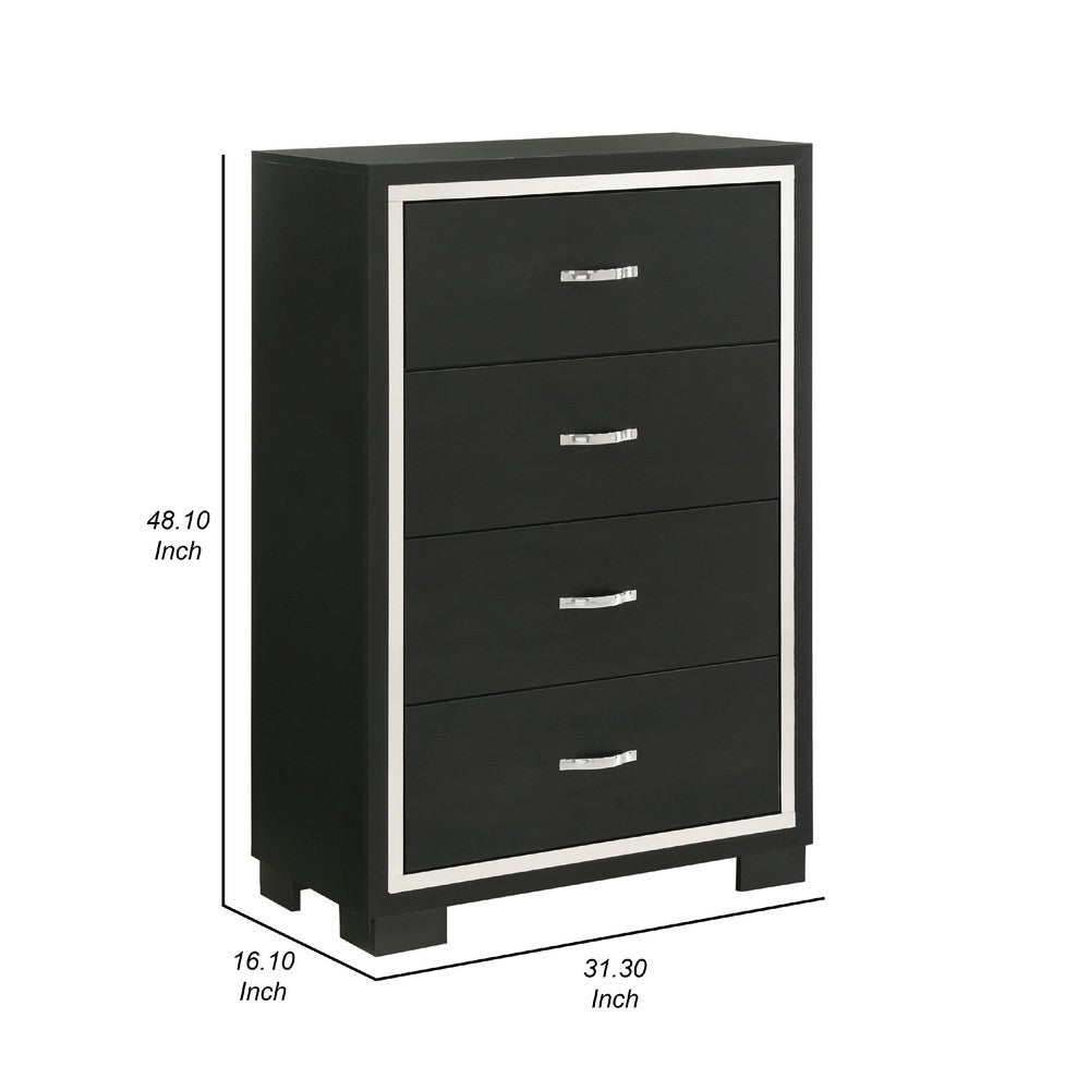 Geny Tall Dresser Chest | 4 Drawers | Silver Trim and Metal Handles | Black BM338468