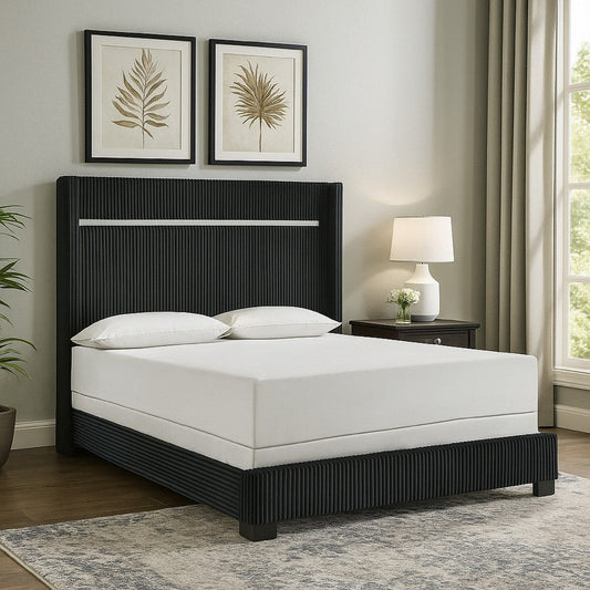 Geny King Size Bed w Channel Tufted Headboard | Silver Trim | Black