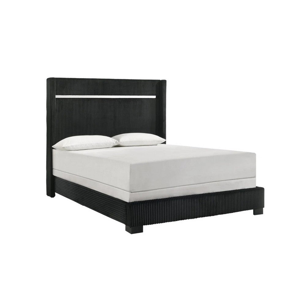 Geny Queen Size Bed w Channel Tufted Headboard | Silver Trim | Black BM338470