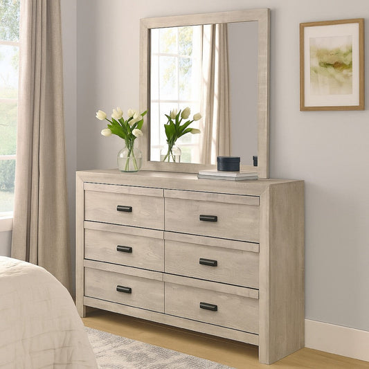 Velz 2pc Dresser and Mirror Set | 6 Drawers | Finger Pull Handles | Beige