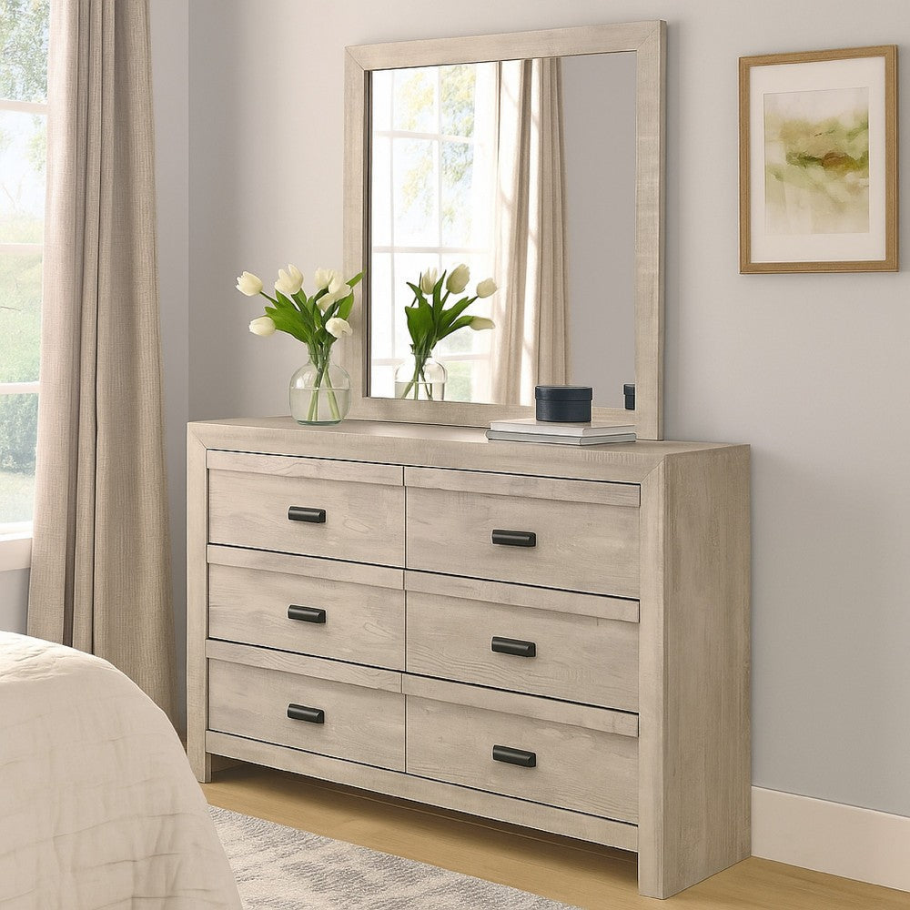 Velz 2pc Dresser and Mirror Set | 6 Drawers | Finger Pull Handles | Beige