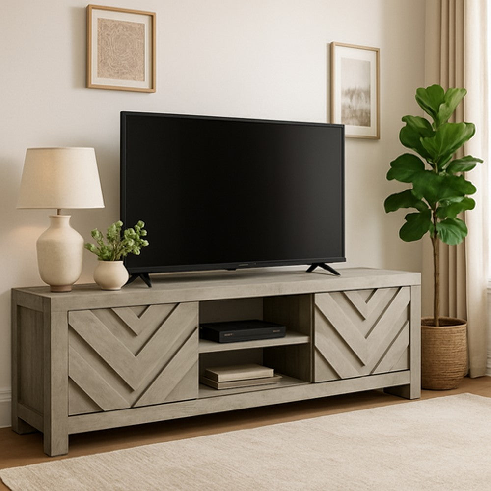 Velz TV Media Stand Console | 2 Chevron Doors | Open Shelves | Beige