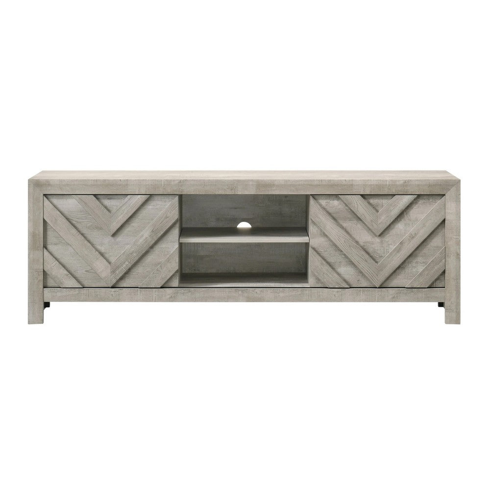 Velz TV Media Stand Console | 2 Chevron Doors | Open Shelves | Beige