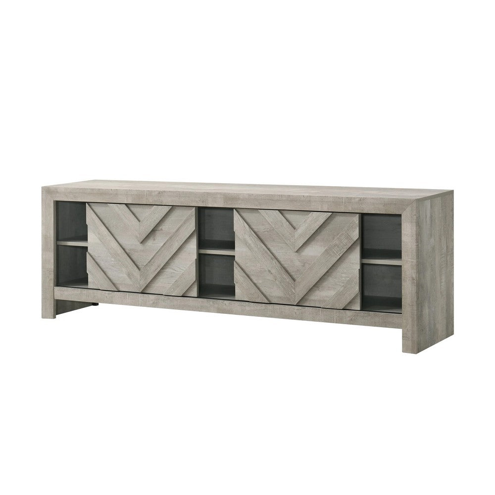 Velz TV Media Stand Console | 2 Chevron Doors | Open Shelves | Beige
