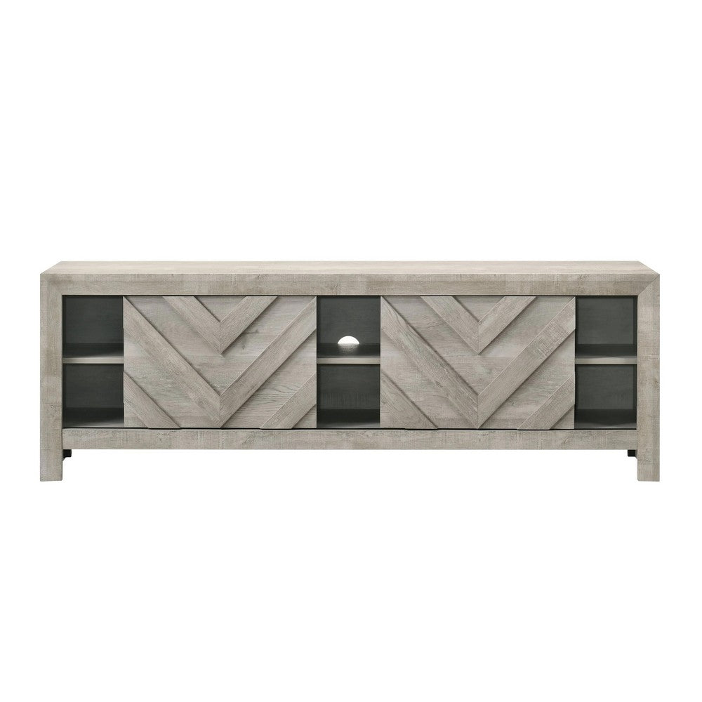 Velz TV Media Stand Console | 2 Chevron Doors | Open Shelves | Beige