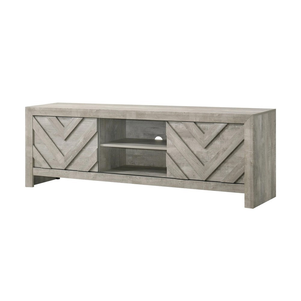 Velz TV Media Stand Console | 2 Chevron Doors | Open Shelves | Beige
