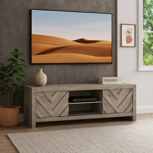 Velz TV Media Stand Console | 2 Chevron Doors | Open Shelves | Beige