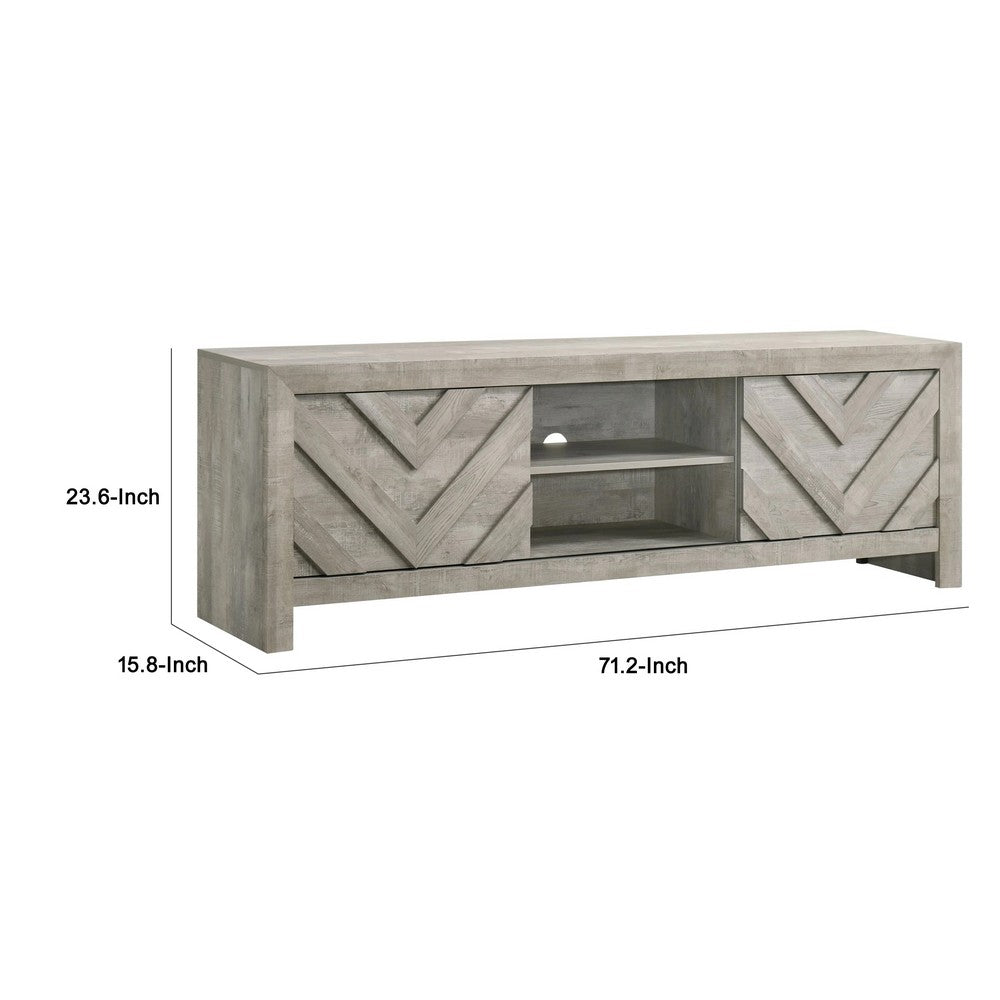 Velz TV Media Stand Console | 2 Chevron Doors | Open Shelves | Beige