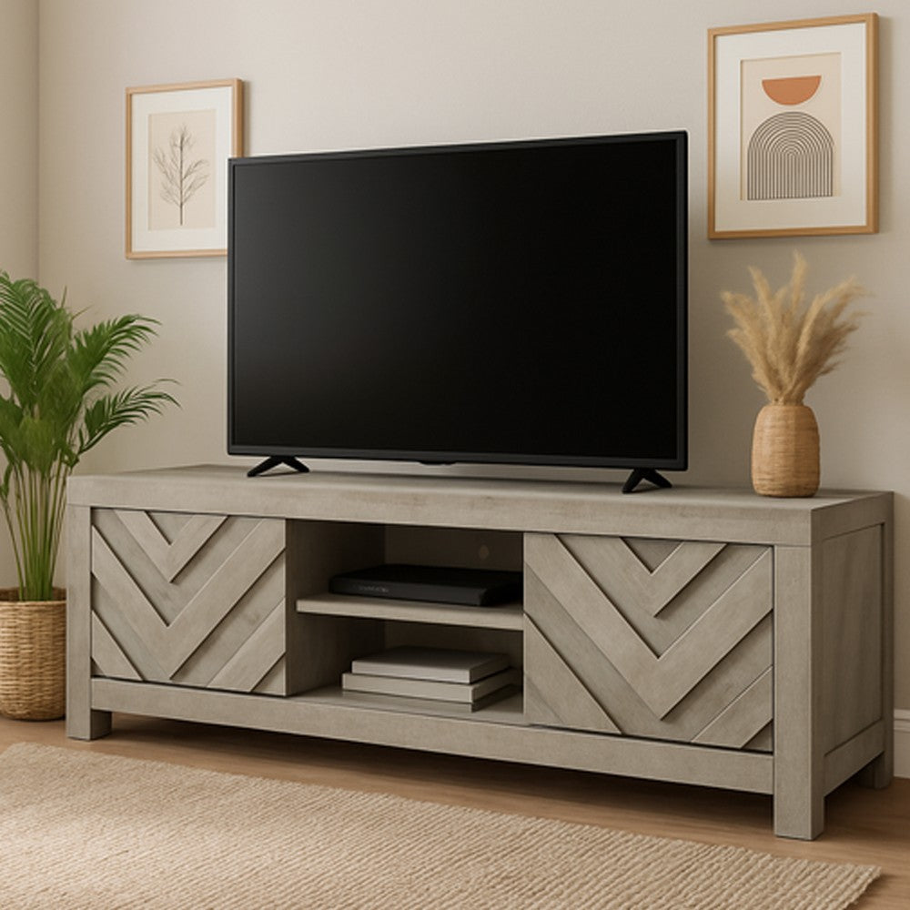 Velz TV Media Stand Console | 2 Chevron Doors | Open Shelves | Beige