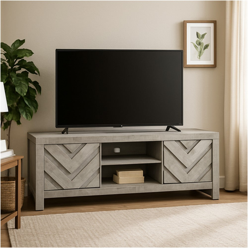 Velz TV Media Stand Console | 2 Chevron Doors | Open Shelves | Beige