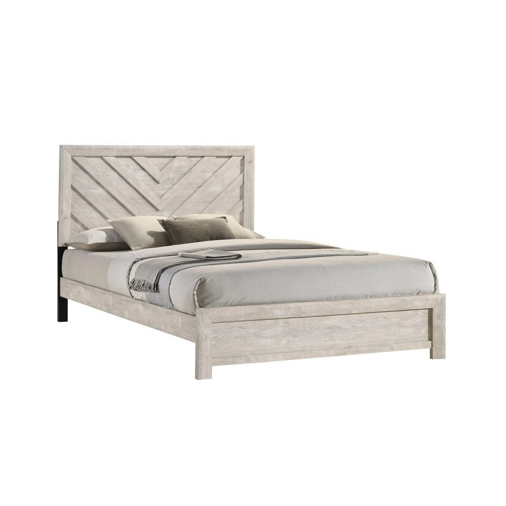 Velz Full Size Bed w Chevron Patterned Headboard | Beige Wood Finish