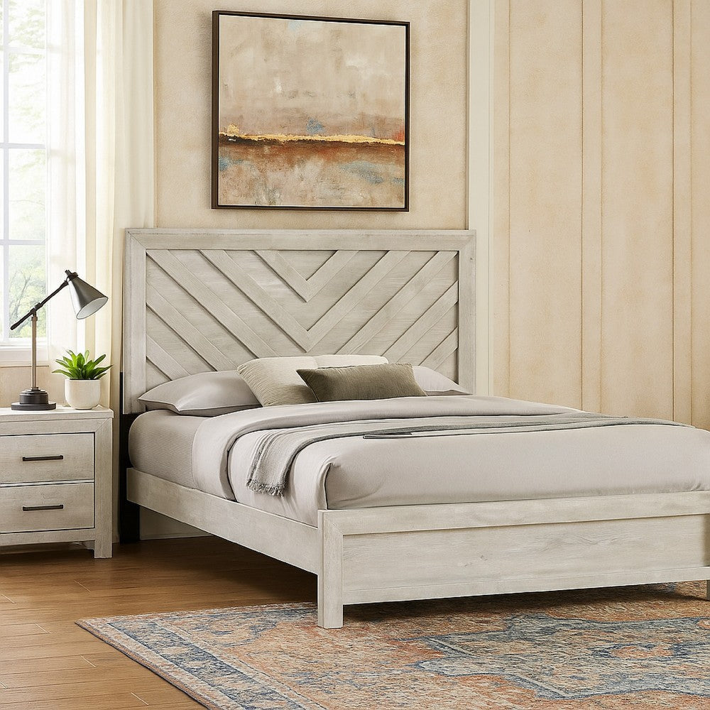 Velz Full Size Bed w Chevron Patterned Headboard | Beige Wood Finish