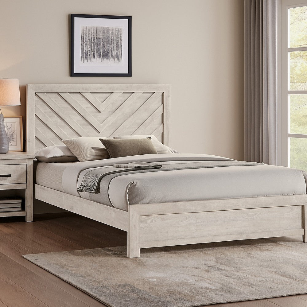 Velz King Size Bed w Chevron Patterned Headboard | Beige Wood Finish