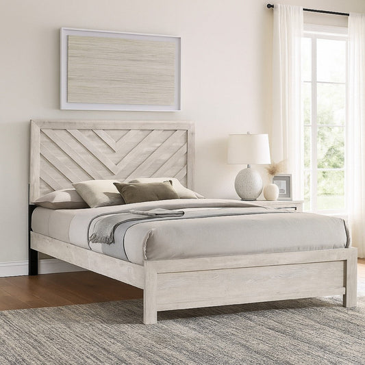 Velz Queen Size Bed w Chevron Patterned Headboard | Beige Wood Finish