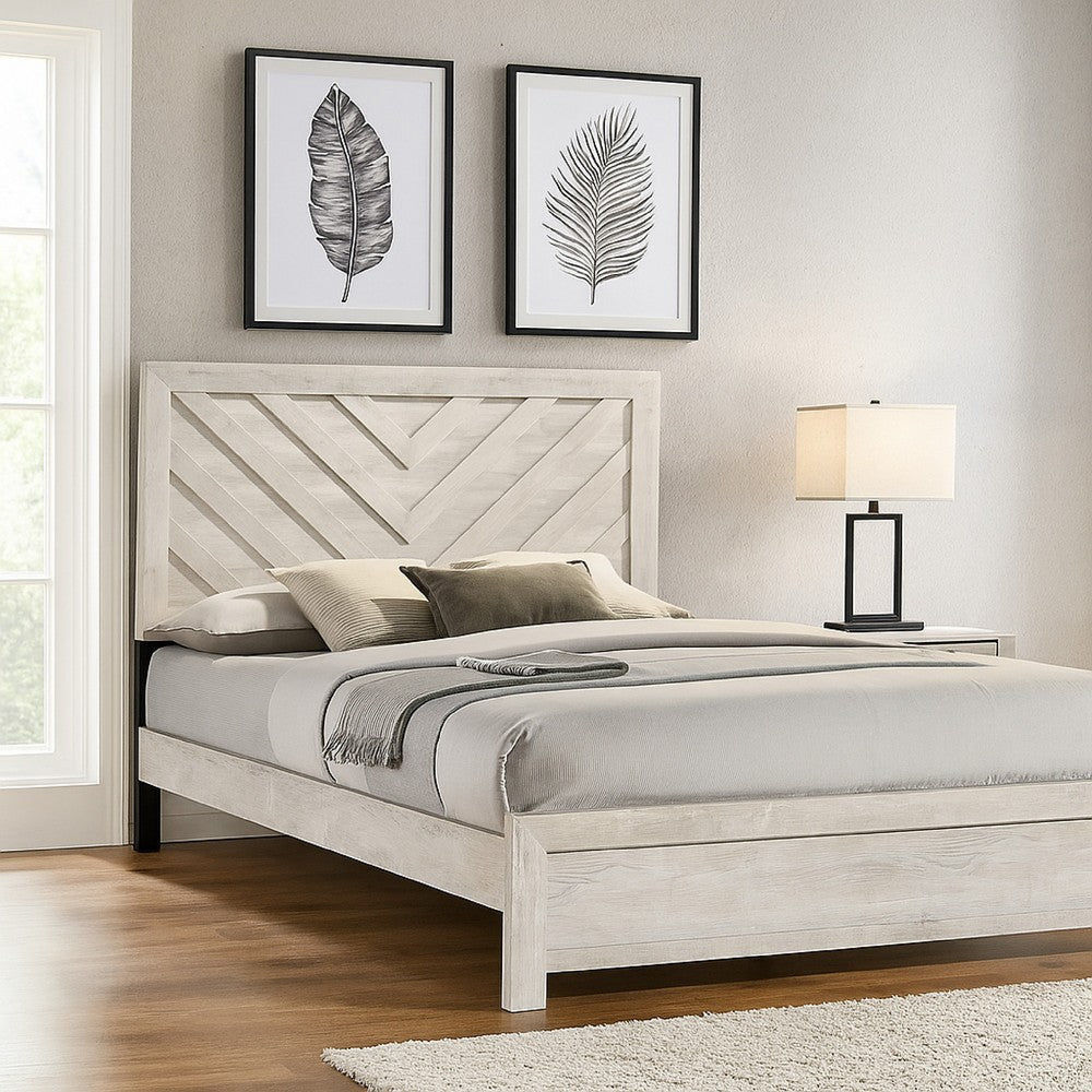 Velz Twin Size Bed w Chevron Patterned Headboard | Beige Wood Finish