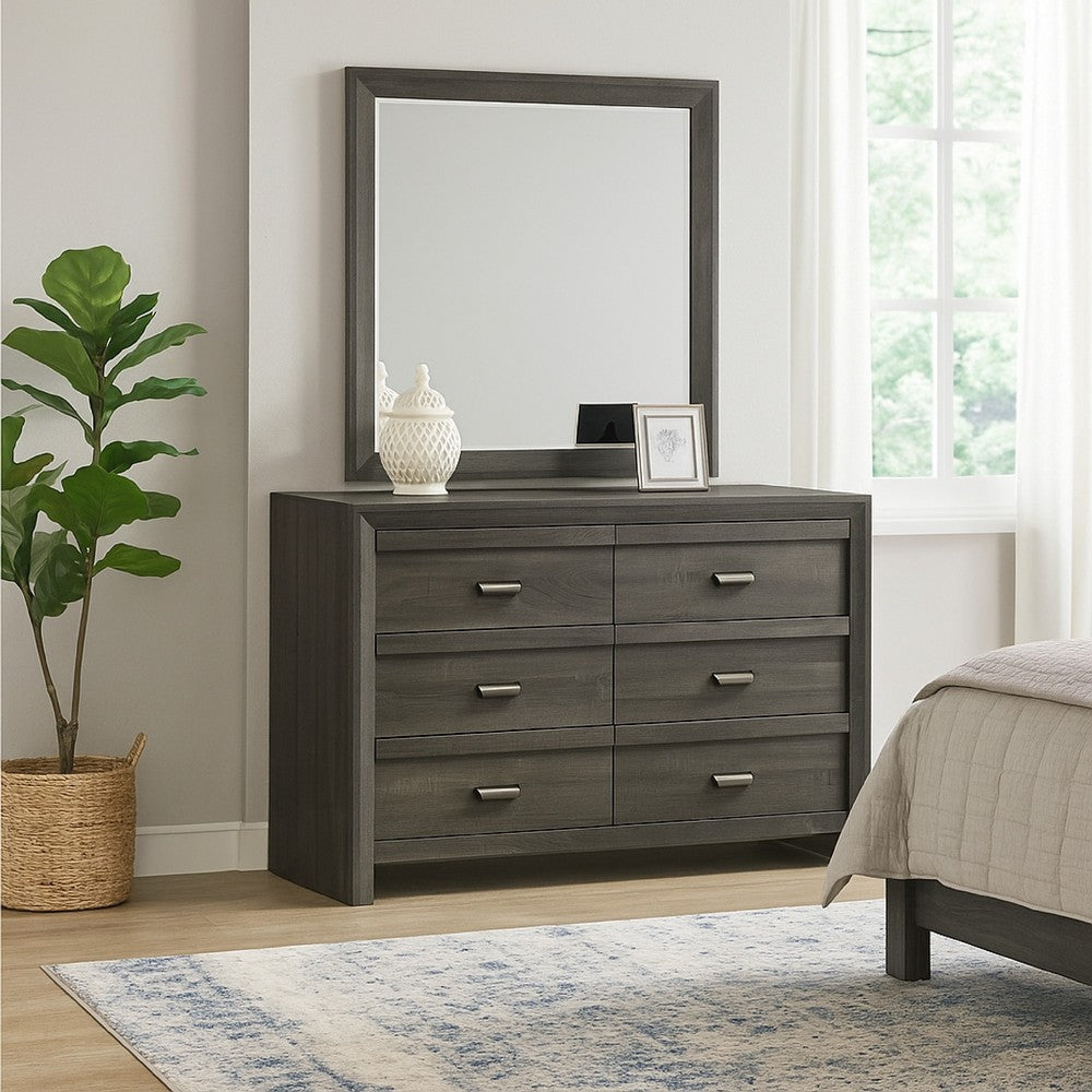 Velz 2pc Dresser and Mirror Set | 6 Drawers | Finger Pull Handles | Dark Gray Wood