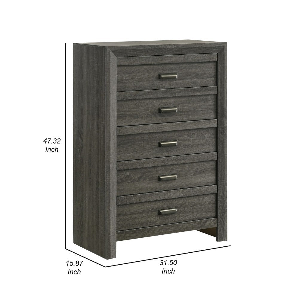 Velz Tall Dresser Chest | 5 Drawers | Finger Pull Handles | Dark Gray Wood