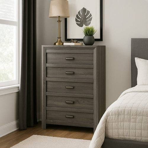 Velz Tall Dresser Chest | 5 Drawers | Finger Pull Handles | Dark Gray Wood