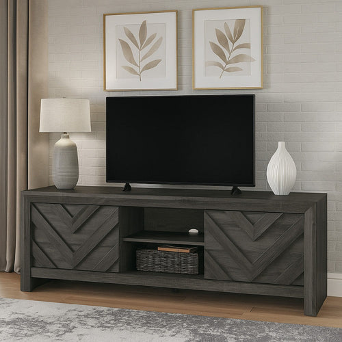Velz TV Media Stand Cabinet | 2 Chevron Doors. Open Shelves | Dark Gray