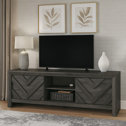 Velz TV Media Stand Cabinet | 2 Chevron Doors. Open Shelves | Dark Gray