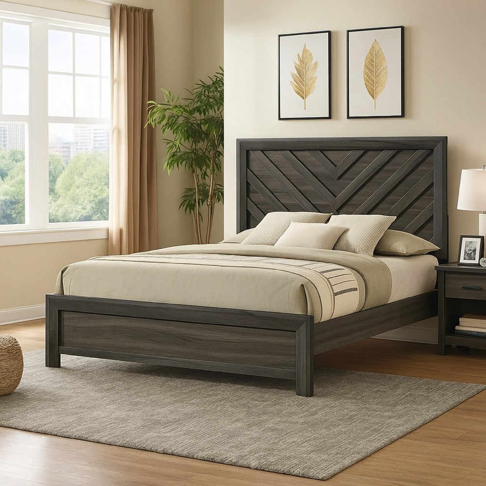 Velz Full Size Bed w Chevron Patterned Headboard | Dark Gray Wood