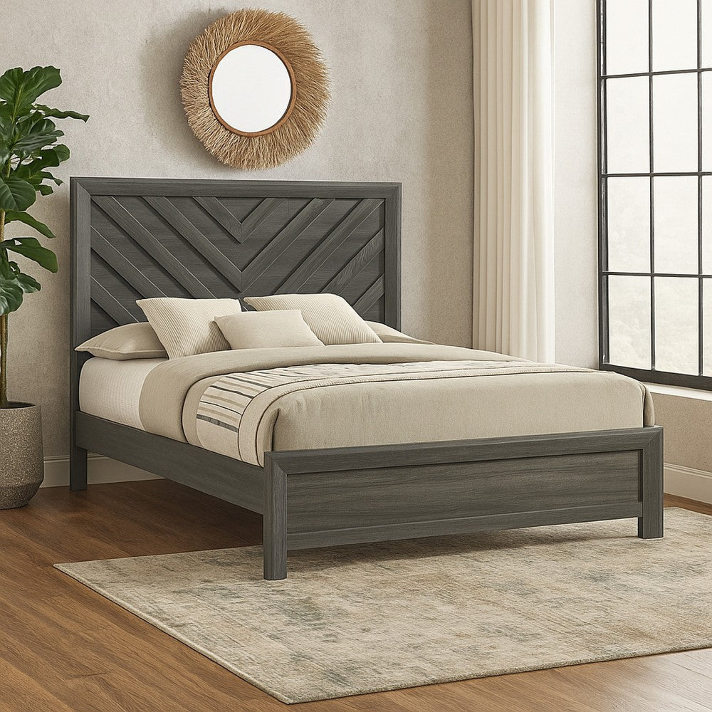 Velz King Size Bed w Chevron Patterned Headboard | Dark Gray Wood