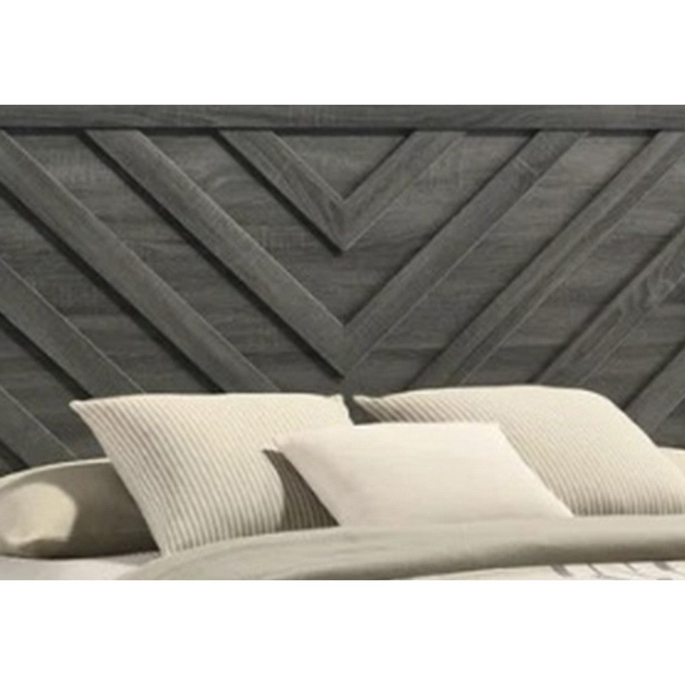 Velz Queen Size Bed w Chevron Patterned Headboard | Dark Gray Wood