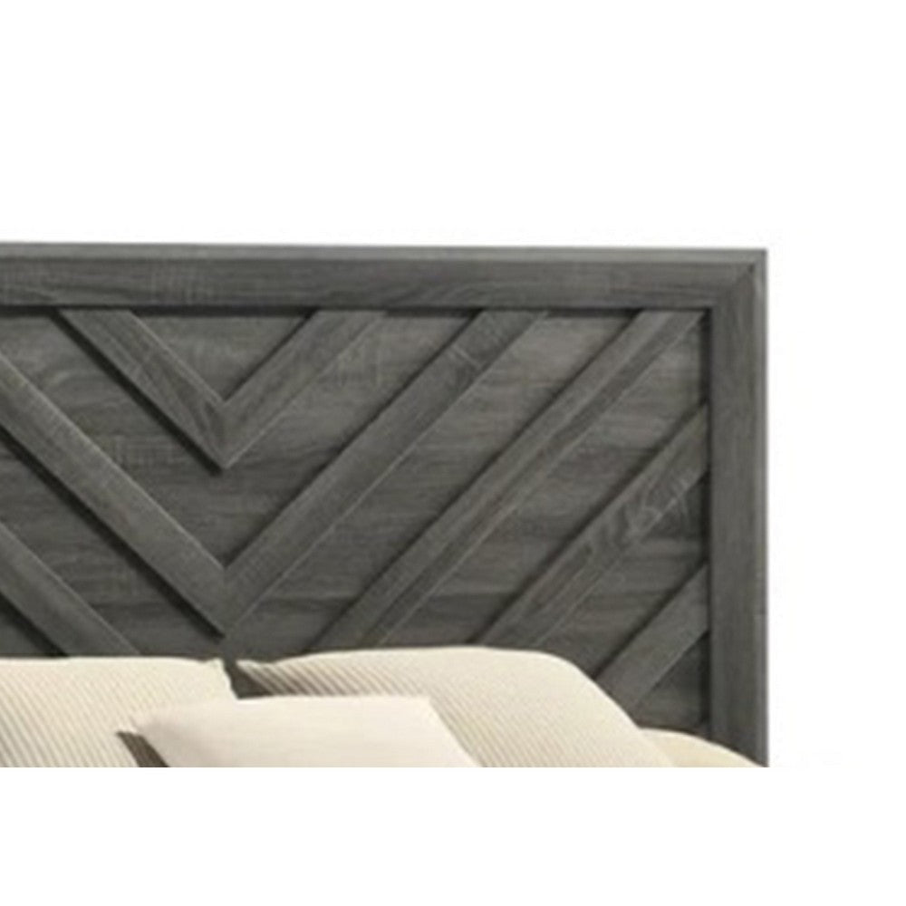 Velz Queen Size Bed w Chevron Patterned Headboard | Dark Gray Wood