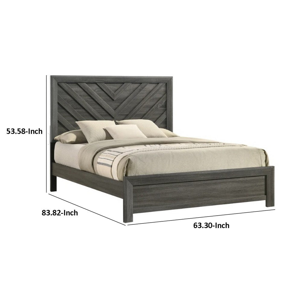 Velz Queen Size Bed w Chevron Patterned Headboard | Dark Gray Wood