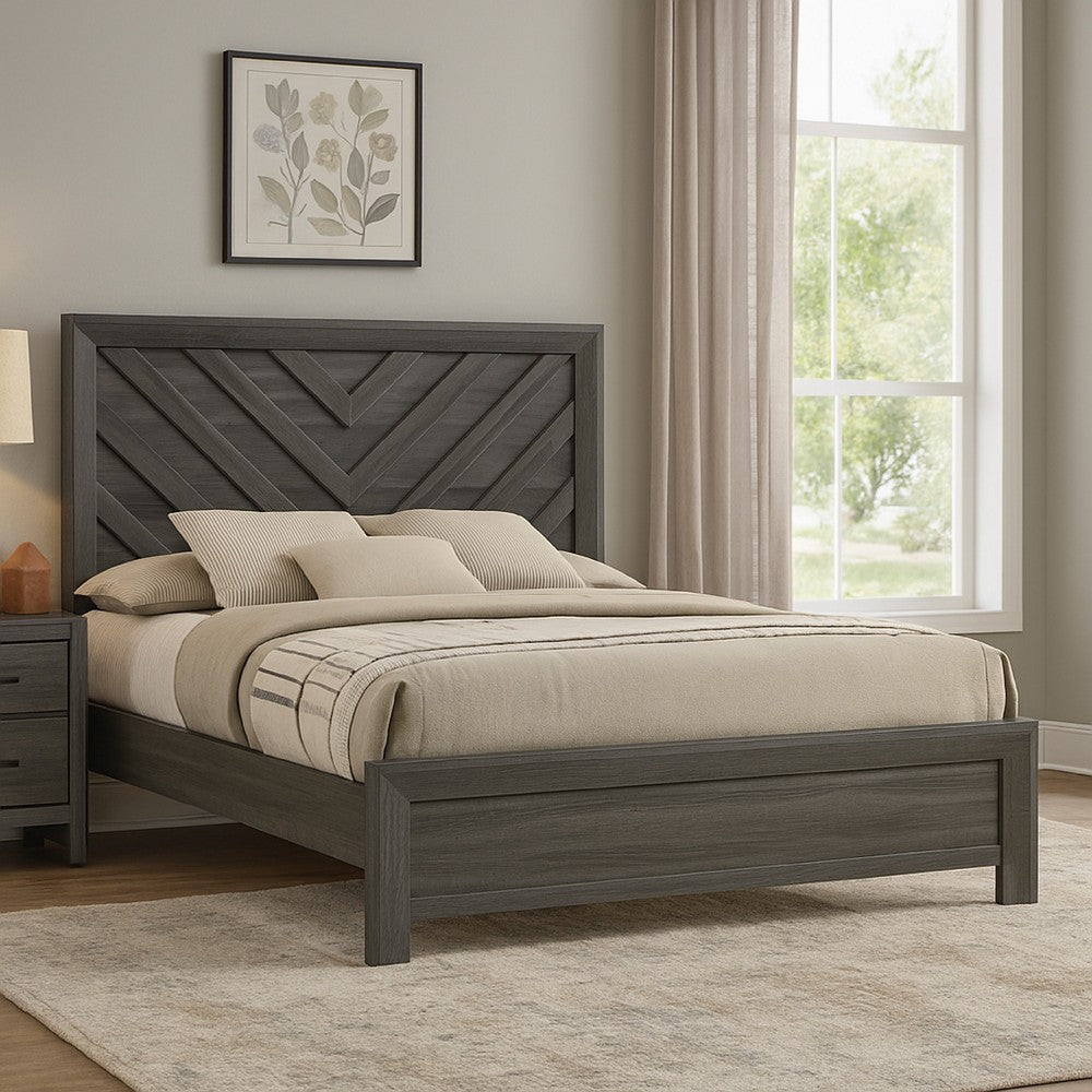 Velz Queen Size Bed w Chevron Patterned Headboard | Dark Gray Wood