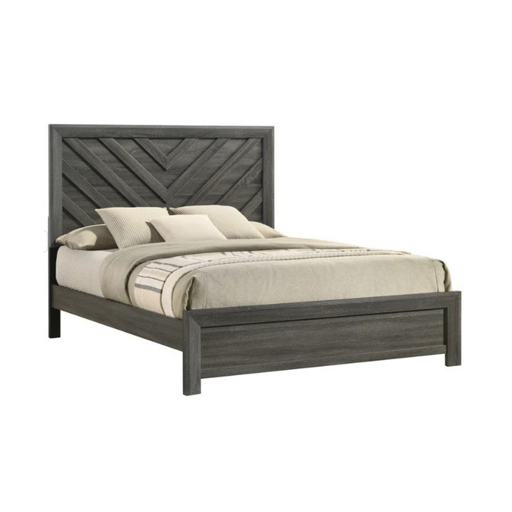 Velz Queen Size Bed w Chevron Patterned Headboard | Dark Gray Wood